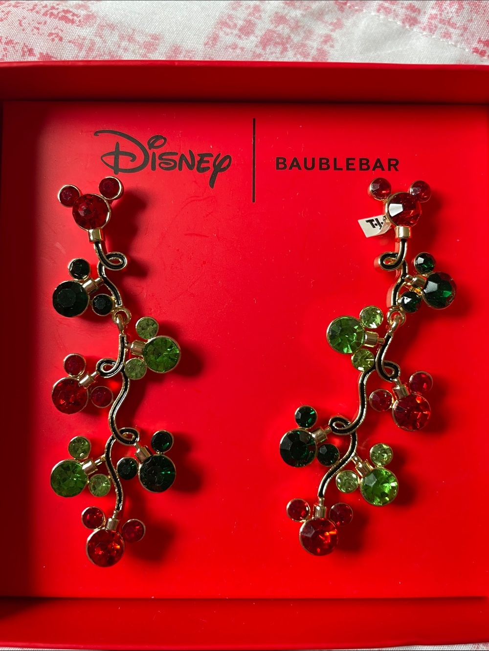 Disney Baublebar Mickey Green & Red Crystal Vine Drop Earrings